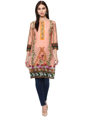 Peach printed cotton stitched kurtas-and-kurtis 2
