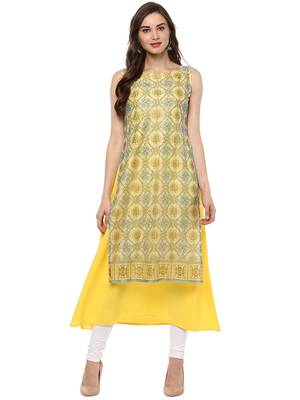 Yellow printed crepe stitched kurtas-and-kurtis 1