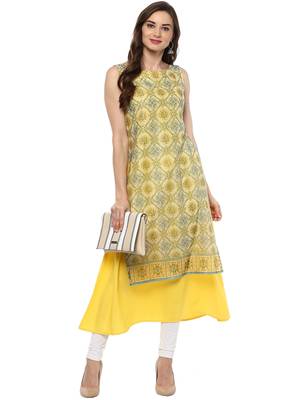Yellow printed crepe stitched kurtas-and-kurtis 2