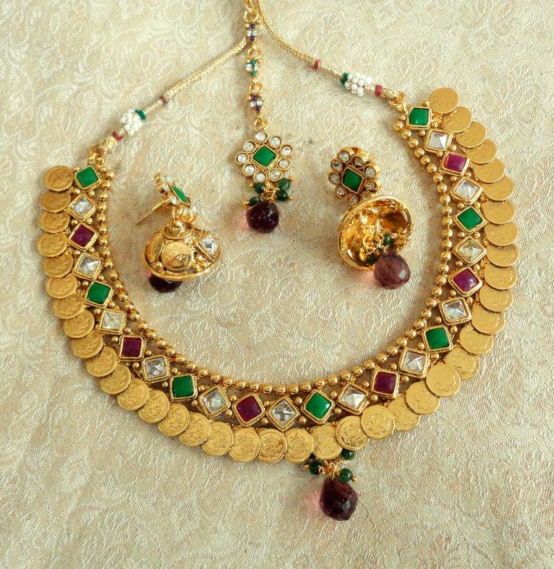 Copper royal temple jewellery multicolor wedding festival necklace set