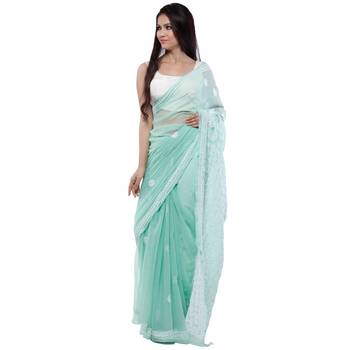 Light green embroidered georgette saree with blouse 1