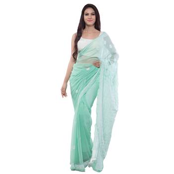 Light green embroidered georgette saree with blouse 2