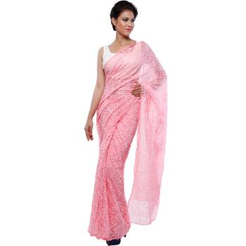Pink embroidered georgette saree with blouse 2