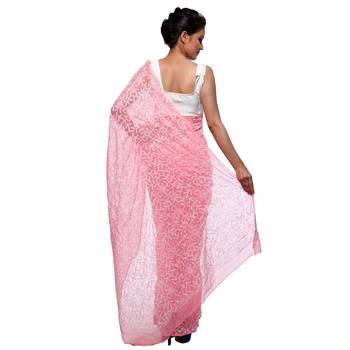 Pink embroidered georgette saree with blouse 3