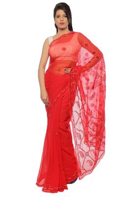 Red embroidered georgette saree with blouse 1