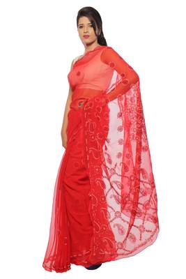 Red embroidered georgette saree with blouse 2