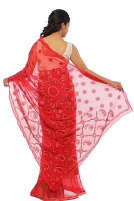 Red embroidered georgette saree with blouse 3