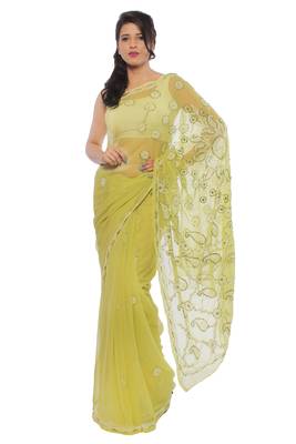 Green embroidered georgette saree with blouse 1