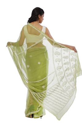 Light green embroidered georgette saree with blouse 3