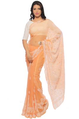 Orange embroidered georgette saree with blouse 1
