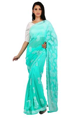 Sea green embroidered georgette saree with blouse 1