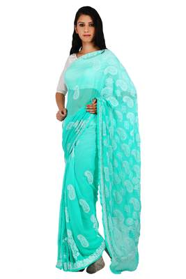 Sea green embroidered georgette saree with blouse 2