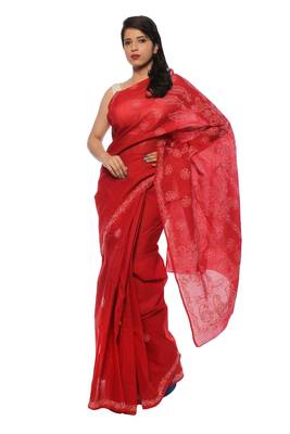 Red embroidered cotton saree with blouse 1