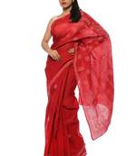 Red embroidered cotton saree with blouse