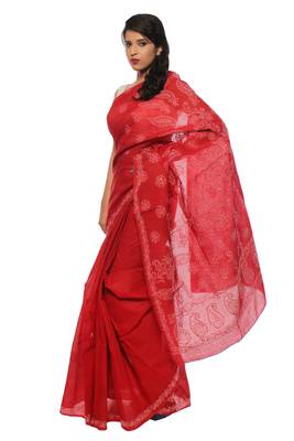 Red embroidered cotton saree with blouse 2