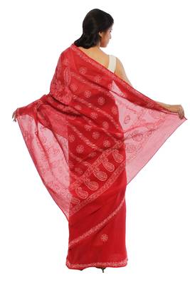 Red embroidered cotton saree with blouse 3