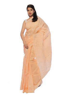 Light peach embroidered cotton saree with blouse 1