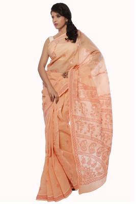 Peach embroidered cotton saree with blouse 1