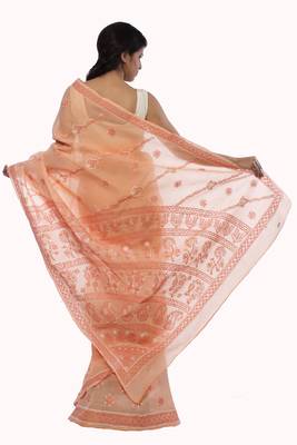Peach embroidered cotton saree with blouse 3