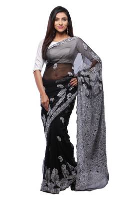Black embroidered georgette saree with blouse 1
