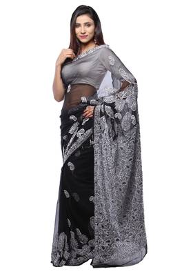 Black embroidered georgette saree with blouse 2