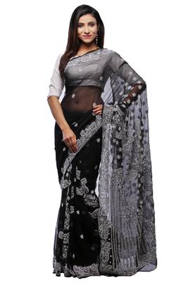 Black embroidered georgette saree with blouse 1