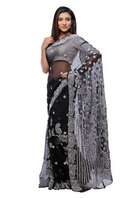 Black embroidered georgette saree with blouse 2