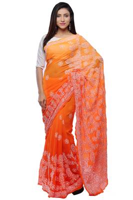 Orange embroidered georgette saree with blouse 1