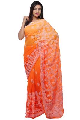 Orange embroidered georgette saree with blouse 2