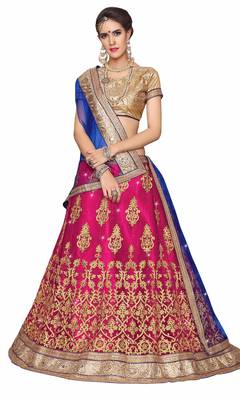 Pink embroidered net unstitched lehenga with dupatta 1