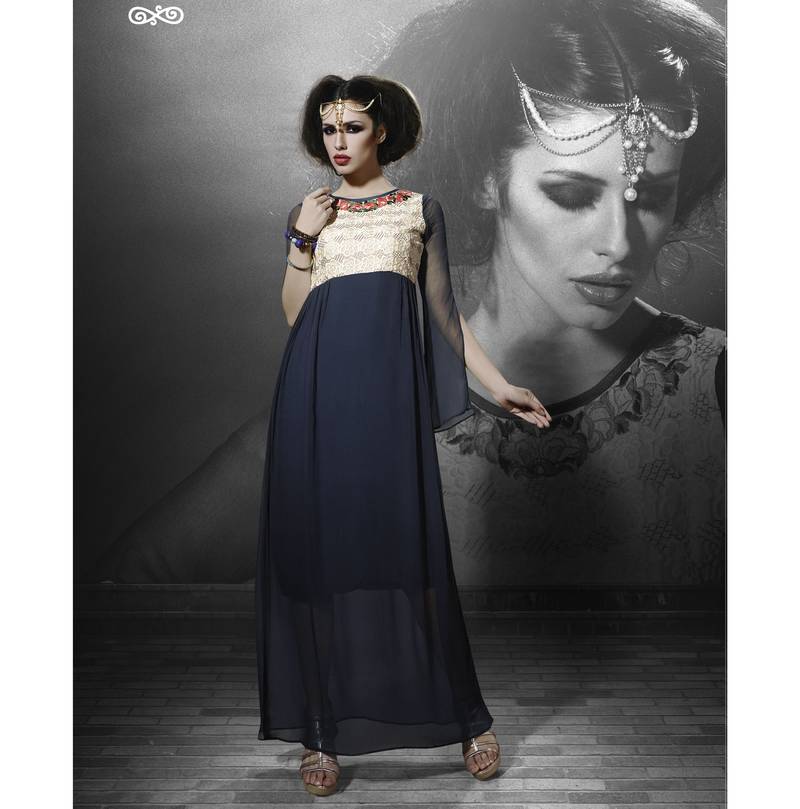 Woven Navy Blue Georgette Partywear Gown Dress