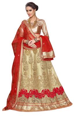 Beige Embroidered Net Unstitched Lehenga With Dupatta 1