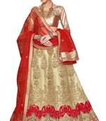 Beige Embroidered Net Unstitched Lehenga With Dupatta