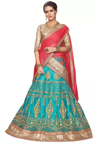 Blue Embroidered Net Unstitched Lehenga With Dupatta