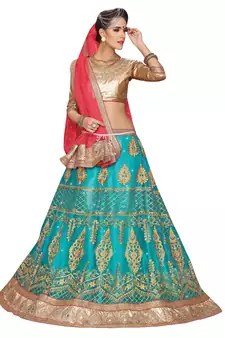 Blue Embroidered Net Lehenga With Dupatta