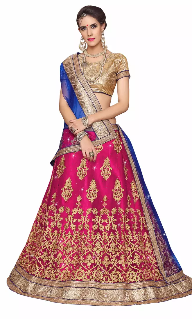 Pink Embroidered Net Unstitched Lehenga With Dupatta