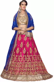 Pink Embroidered Net Lehenga With Dupatta