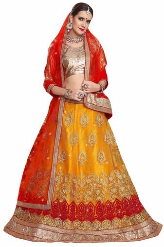 Yellow Embroidered Net Lehenga With Dupatta