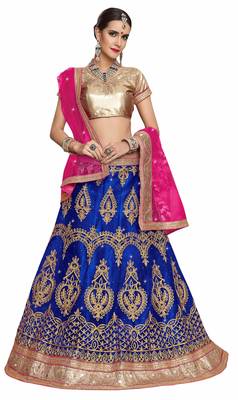 Blue Embroidered Net Unstitched Lehenga With Dupatta 1