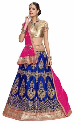 Blue Embroidered Net Unstitched Lehenga With Dupatta 2