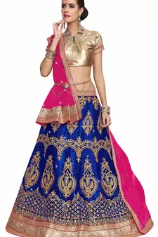Blue Embroidered Net Unstitched Lehenga With Dupatta