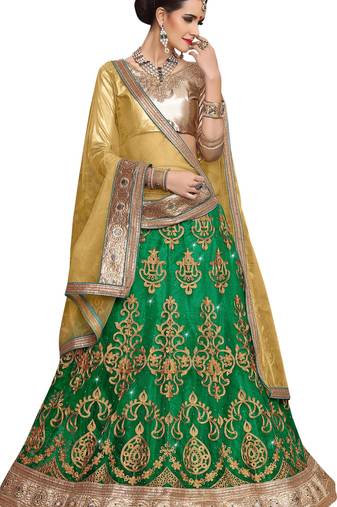 Green Embroidered Net Unstitched Lehenga With Dupatta
