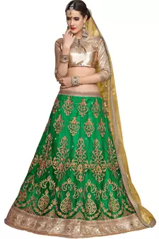 Green Embroidered Net Lehenga With Dupatta