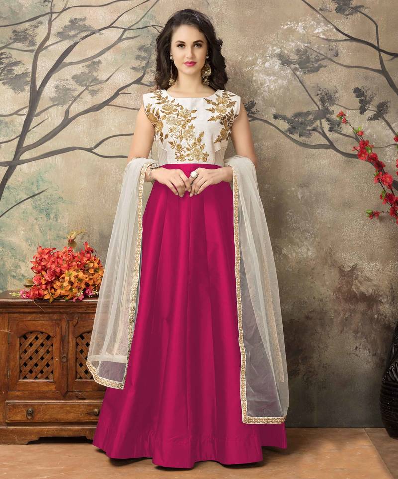 Hot pink embroidered taffeta salwar with dupatta