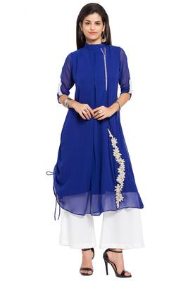 Blue Embroidered Georgette Stitched Long Kurti 1