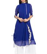 Blue Embroidered Georgette Stitched Long Kurti