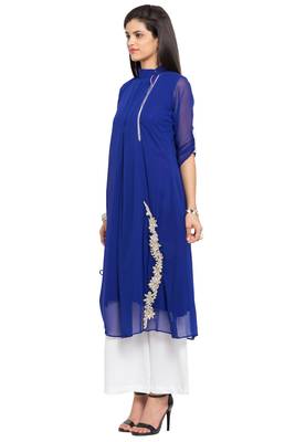 Blue Embroidered Georgette Stitched Long Kurti 2