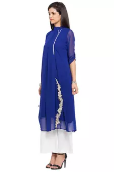 Blue Embroidered Georgette Stitched Long Kurti