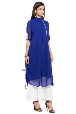 Blue Embroidered Georgette Stitched Long Kurti 3