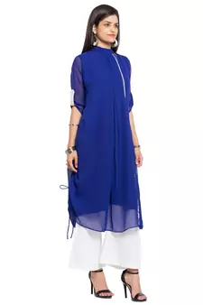 Blue Embroidered Georgette Stitched Long Kurti